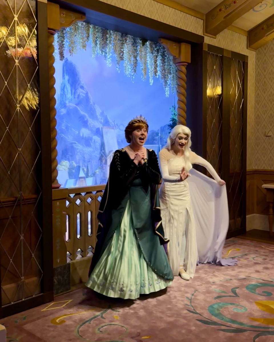 Elsa and Anna royal meetup at Arendelle Castle, World of Frozen, Disney Adventure World