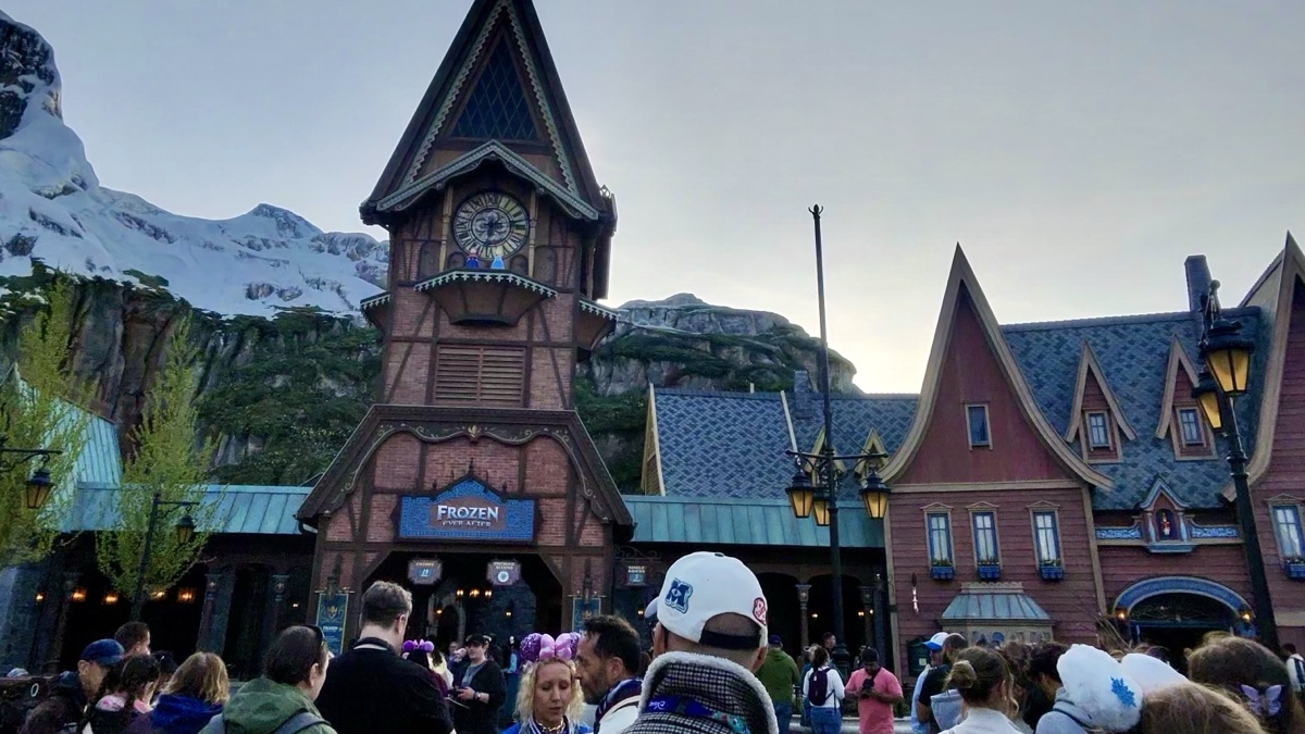 World of Frozen land at Disney Adventure World, showing the Frozen Ever After attraction entrance